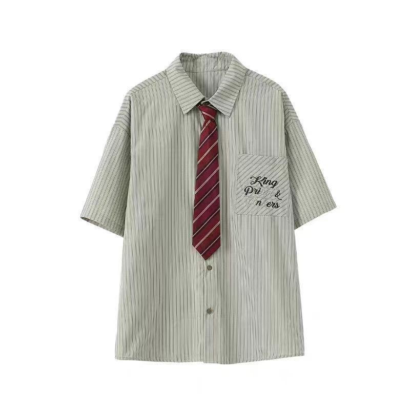 สไตล์ฮ่องกงย้อนยุคสีเขียวลายเสื้อผู้หญิงแขนสั้นญี่ปุ่นหลวมกระโหลกสไตล์เสื้อโปโลเจเคชุดลําลองฤดูร้อน