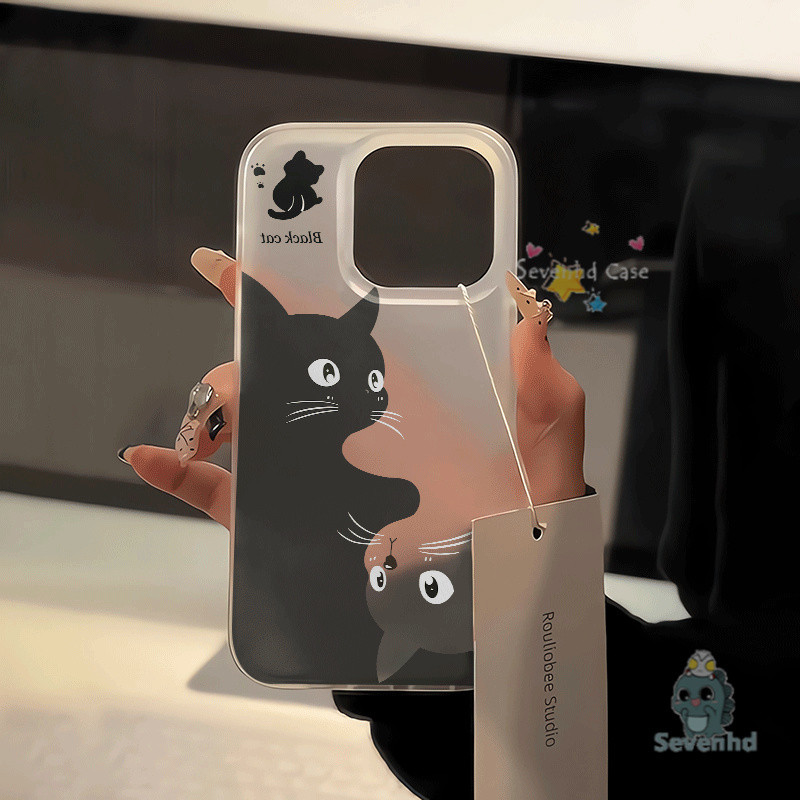 เรียบง่ายน่ารักสีดําสีขาวแมวแฟชั่นสําหรับiphone 11 15 12 13 14 Pro Max X Xr Xs Max 7 8 6s Plus SE 2020 Frosted Ultra Thinเคสโทรศัพท์กันกระแทกTPU Clearปกหลัง