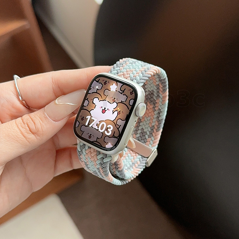 สายรัดแม่เหล็ก iWatch แบบพับได้สําหรับ Series 9 Ultra 8 7 6 5 3 SE ไนลอนถักยืดหยุ่น SmartWatch Band