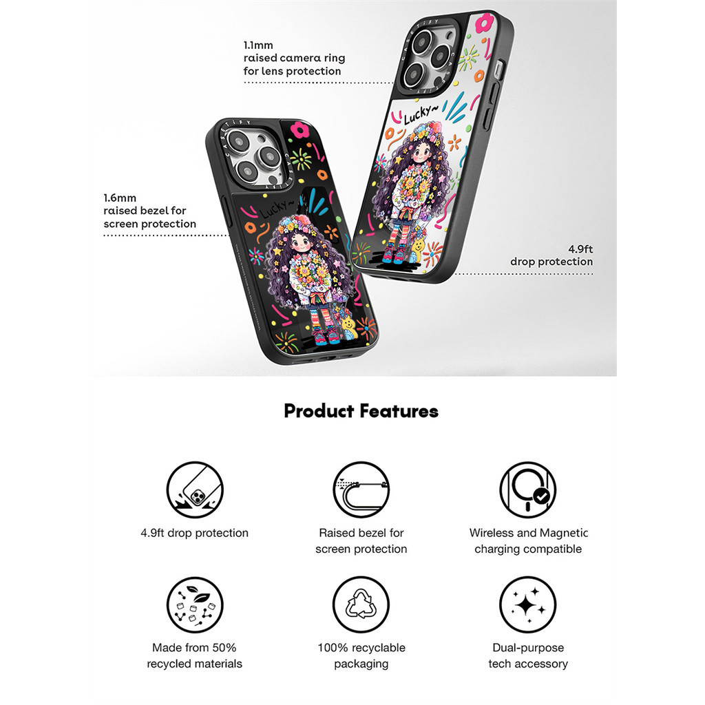 Casetify X Lucky Girl แม่เหล็กดูด Black & Sliver กระจก IPhone กรณี IPhone 15 14 13 12 Pro Max Plus Hard กลับกรณีฝาครอบกล่องแกะสลักโลโก้