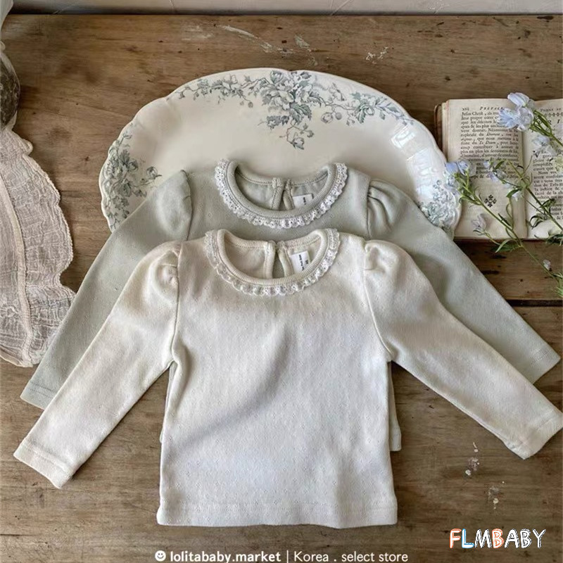 เสื้อแขนยาวเด็กคอปกลูกไม้ฐานผ้าฝ้ายนุ่มชั้นสีพื้นเสื้อตัวใน