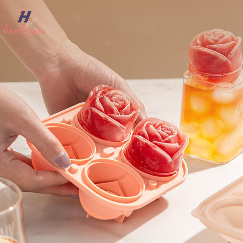 <haohiyou> 4 หลุม 3D Rose Flower Ice Cube Maker แม่พิมพ์น้ําแข็งเค้ก Mould ถาดอาหารซิลิโคน Nice