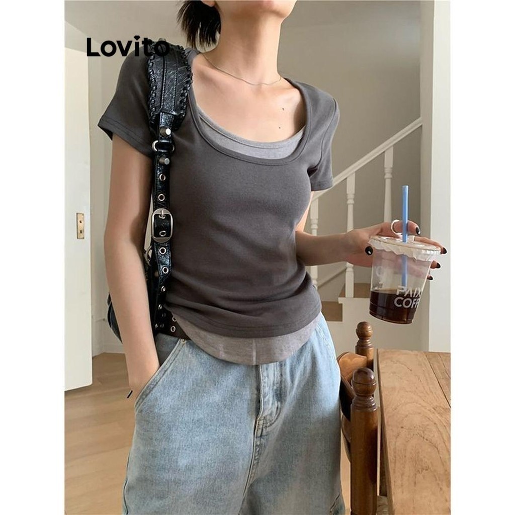 Lovito เสื้อยืด บล็อกสี ลำลองสำหรับผู้หญิง LNM73333