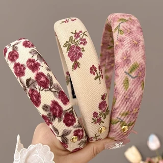 Vintage Floral พิมพ์ฟองน้ําสูง Hairband ผม Hoop Headwear เครื่องประดับผมเกาหลี