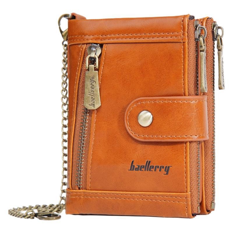 กระเป๋าสตางค์หลายใบย้อนยุคของ แบลเลอร์รี่ พร้อมหัวเข็มขัดหนังและกระเป๋าใส่เหรียญหลายซิปโซ่ผู้ชายกระเป๋าสตางค์ใบสั้น