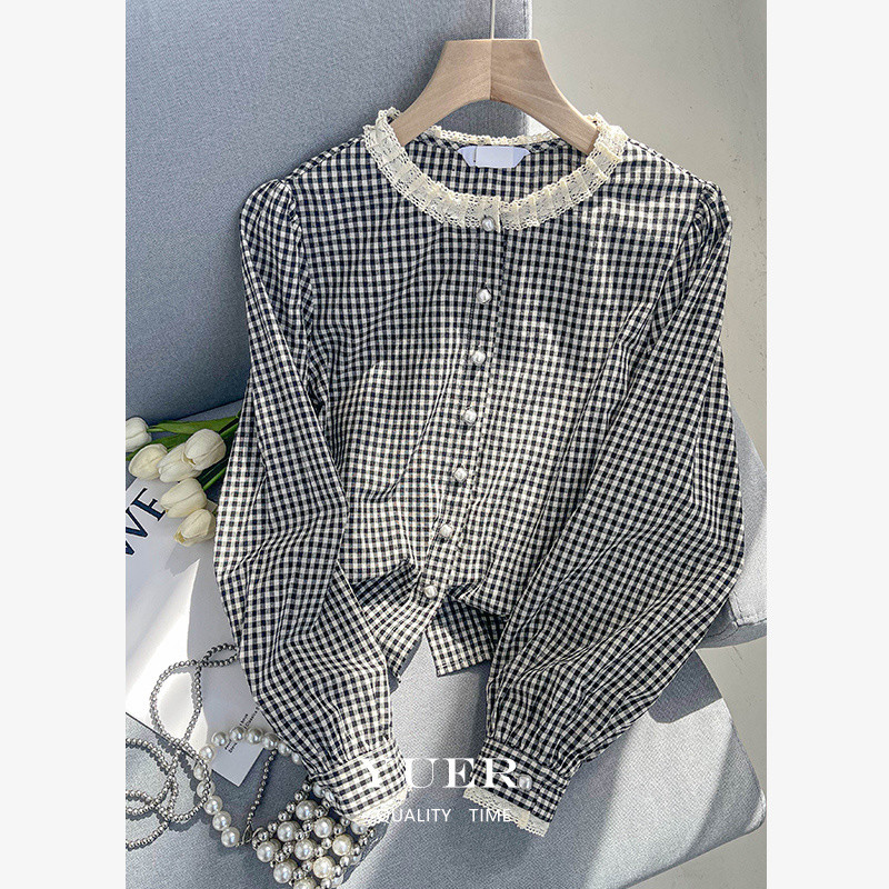 ใหม่สไตล์เร้าใจลูกไม้รอบคอสีดําสีขาวตรวจสอบเสื้อผู้หญิงฤดูใบไม้ผลิฤดูใบไม้ร่วงสไตล์ใหม่แฟชั่นลดอายุฝรั่งเศสพัฟแขนด้านบน