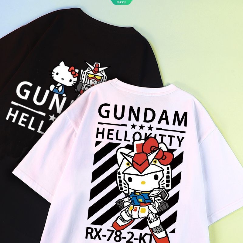 Mobile Suit Gundam ร่วมแบรนด์การ์ตูน Sanrio HelloKitty เสื้อยืดแขนสั้นผู้ชายร้อยน้ําเสื้อผ้า [WET]