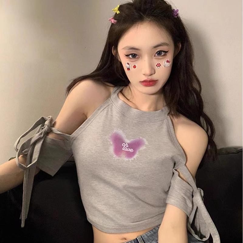 Solovely สไตล์เกาหลี คอกลม เสื้อท่อนบน คอฮอลเตอร์ เสื้อยืด