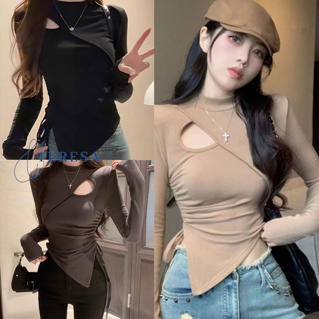 เสื้อแขนยาวสีดำ ลายเจาะรู แบบเชือกรูด ทรงสวย เหมาะสำหรับฤดูใบไม้ร่วง
