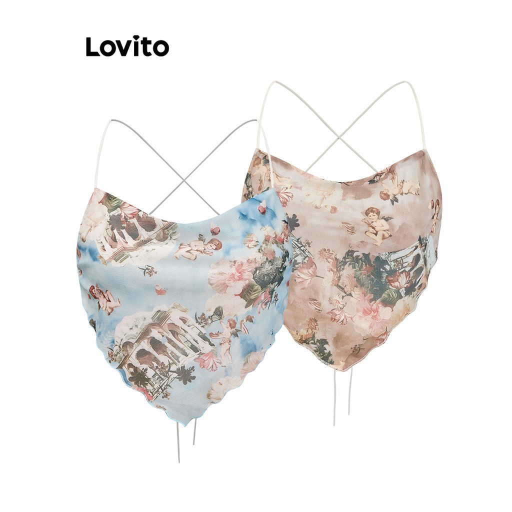 Lovito เสื้อสายเดี่ยวผู้หญิง ลายนางฟ้า ขอบหยัก แต่งขอบสี สไตล์ลำลอง L88AD014(หลากสี)