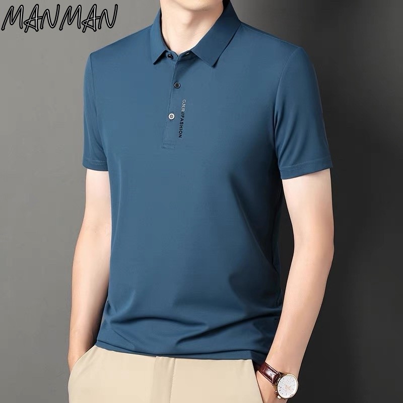 MANMAN เสื้อโปโลผู้ชาย เสื้อคอปก แบบบาง แบบหลวม แขนสั้นฤดูร้อน ลำลอง