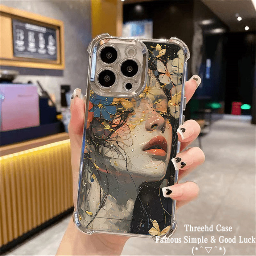 ปลอกใช้งานร่วมกับ IPhone 11 XR 15 14 13 12 Pro Max 7 8 Plus SE 2020 X Xs Max หรูหราสี่มุมถุงลมนิรภัยเลนส์ฟิล์มป้องกันกรณีภาพวาดสีน้ํามันสาวขั้นสูง TPU ฝาหลัง
