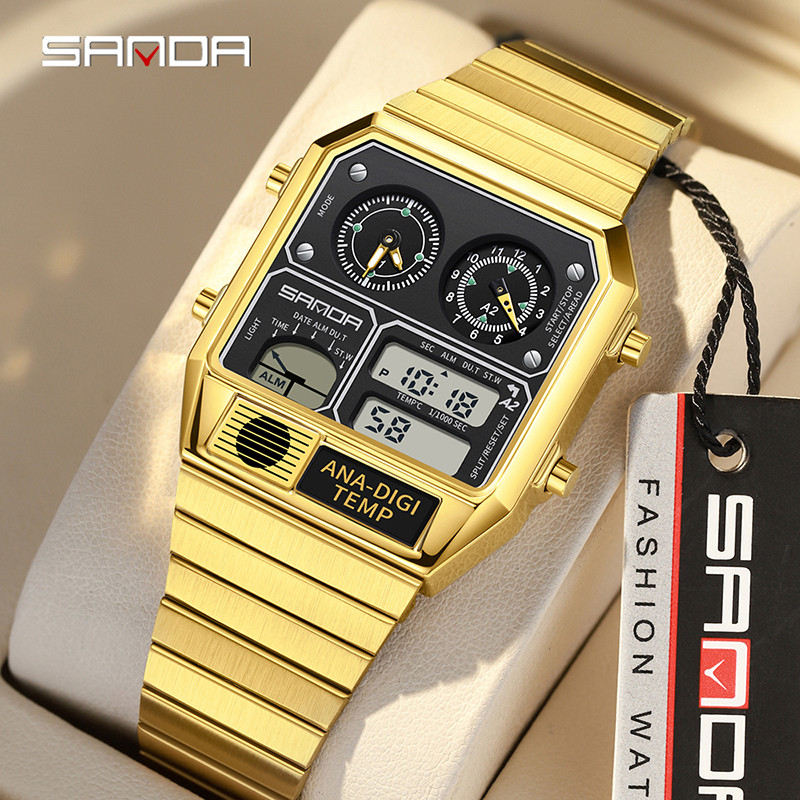 Sanda Retro อินเทรนด์ Punk Dual Display Luminous กันน้ําอิเล็กทรอนิกส์ควอตซ์นาฬิกาผู้ชาย SD3192-5