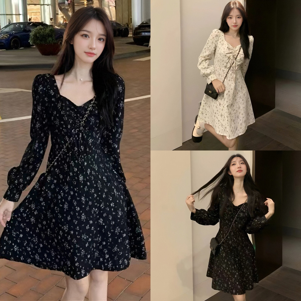 เดรสแขนยาวลายดอกไม้คอเหลี่ยม กระโปรงสั้นสไตล์ฝรั่งเศส เหมาะสำหรับสาวๆ ที่รักในความทันสมัย