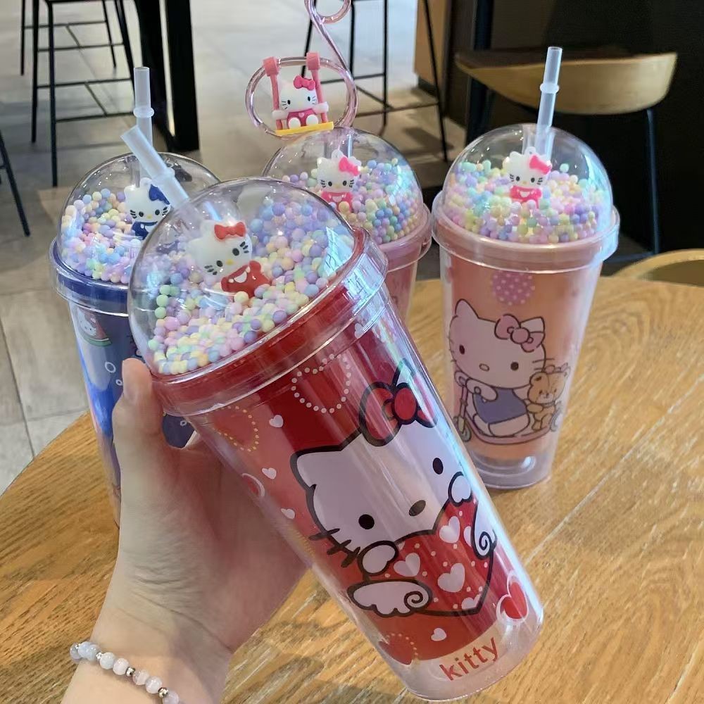 450ml HelloKitty ถ้วยดูดีพร้อมฟางฤดูร้อนการ์ตูนน่ารักแบบพกพาถ้วยน้ำความจุขนาดใหญ่
