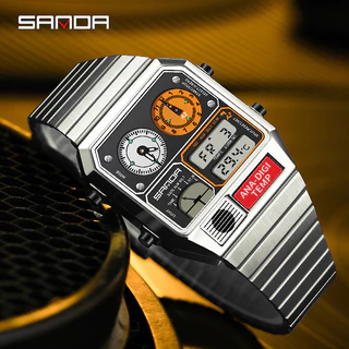Sanda Retro อินเทรนด์ Punk Dual Display Luminous กันน้ําอิเล็กทรอนิกส์ควอตซ์นาฬิกาผู้ชาย SD3192-11