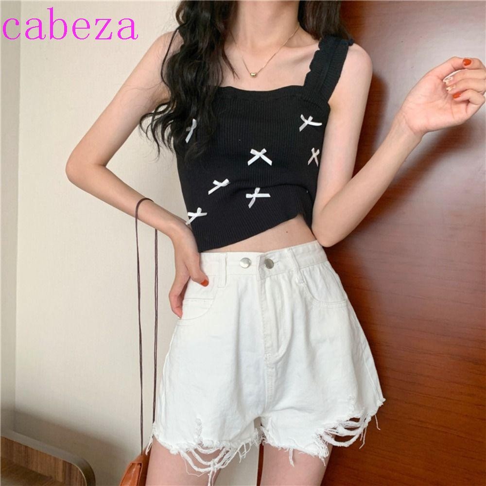 Cabeza ถักริบบิ้นโบว์เสื้อกั๊ก, สีลูกกวาดลาย Ins Bowknot Tank Tops, แฟชั่นสไตล์เกาหลีโครเชต์ด้านบนสแควร์คอหวาน Balletcore Camisole Beach