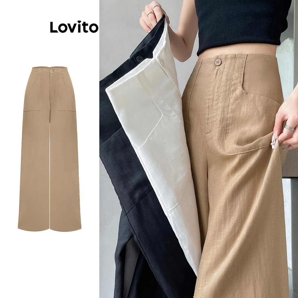 Lovito กางเกงปุ่มกระเป๋าธรรมดา โบโฮ โบโฮ ธรรมดาสำหรับผู้หญิง L100MD382
