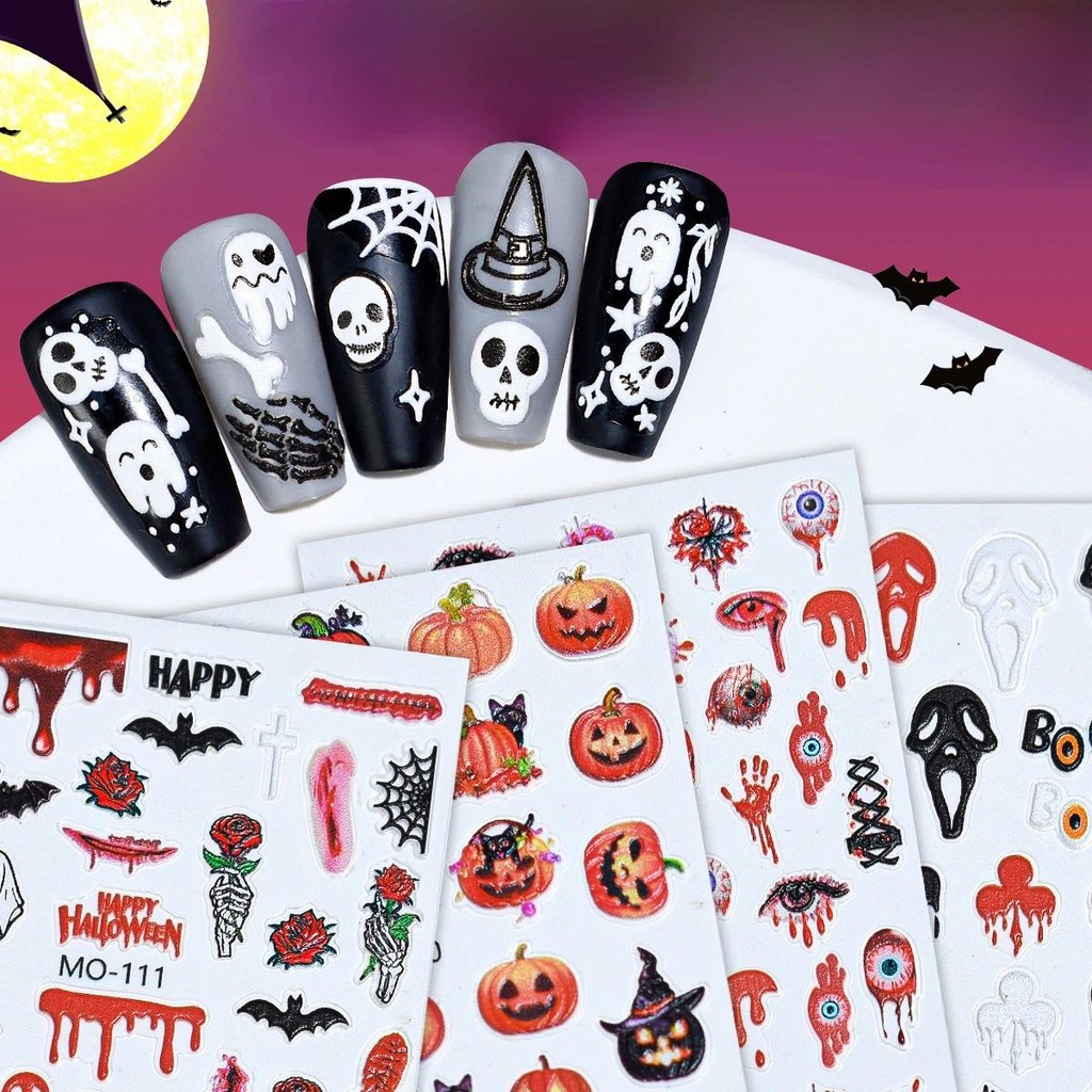 3d นูนฮาโลวีนสติกเกอร์เล็บน่ารักแปลกฟักทอง Spider Web Skull Design Decal แกะสลักตกแต่งเล็บสติกเกอร์