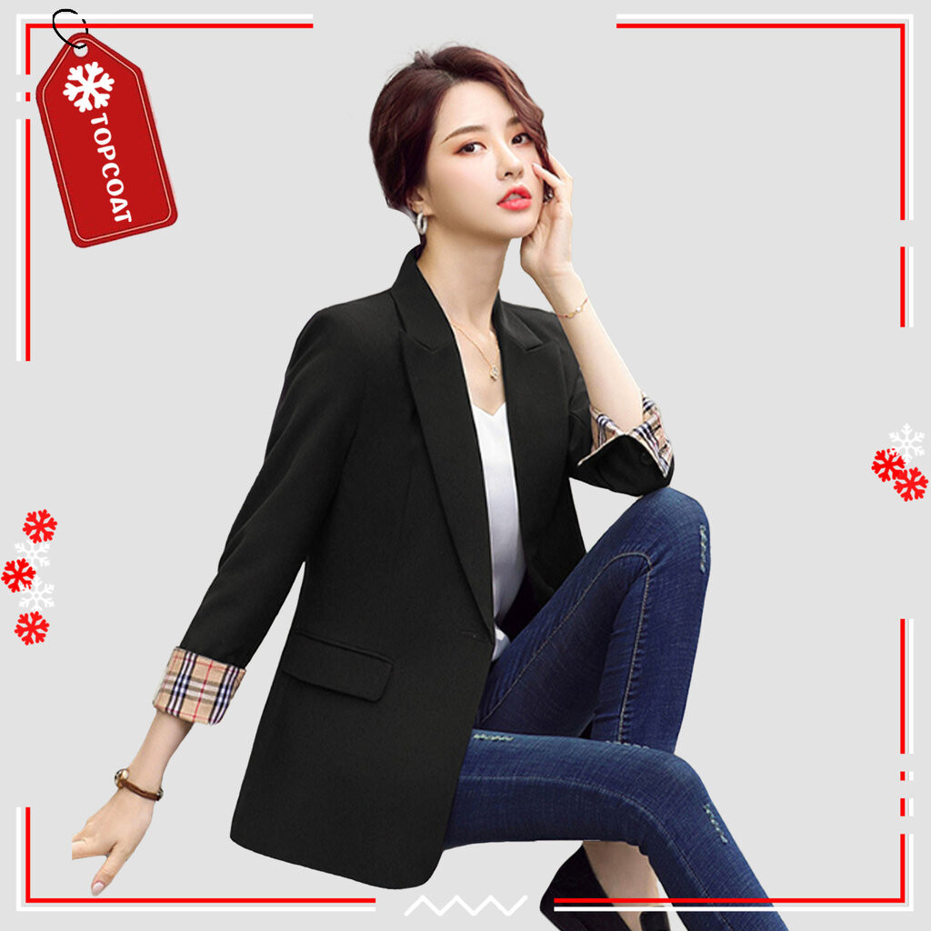 เบลเซอร์ สูทผู้หญิง (pub berry) ทรงเข้ารูป กระดุมเดียว แขนพับลายตาราง สี : ครีม ดำ ราคา ถูกที่สุด ดีลบีเคเค แกลเลอรีภาพที่ 4