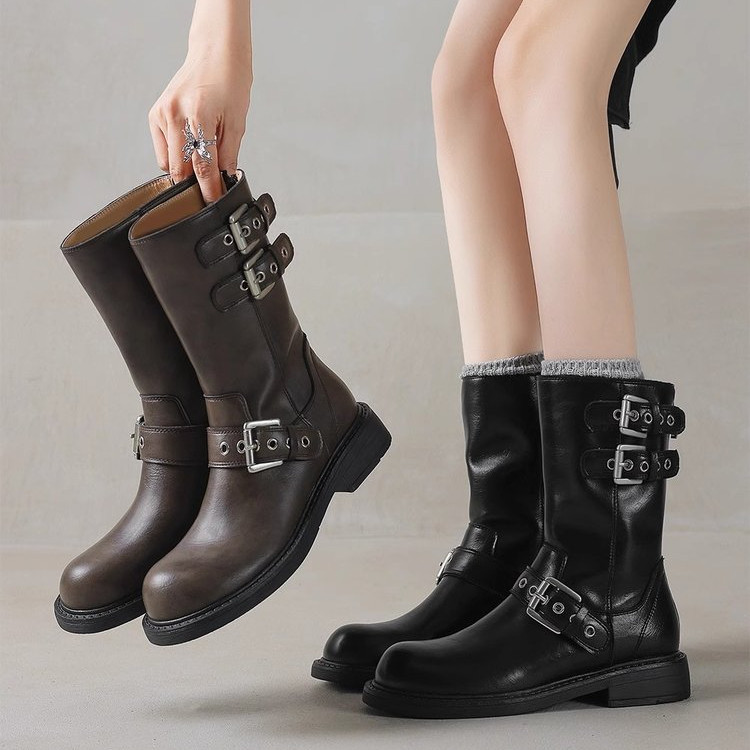 รองเท้าผู้หญิงเกาหลีรุ่นแฟชั่นรอบ Toe สิทธิบัตรหนังกลับซิป Mid-Tube Low-Heel Western รองเท้าขนาด 35-40