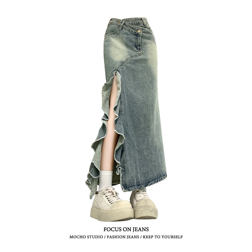 กระโปรงทรง fishtail สไตล์อเมริกันเอวสูง denim ขนาดกลาง เหมาะสำหรับฤดูร้อน รหัส 8IX4