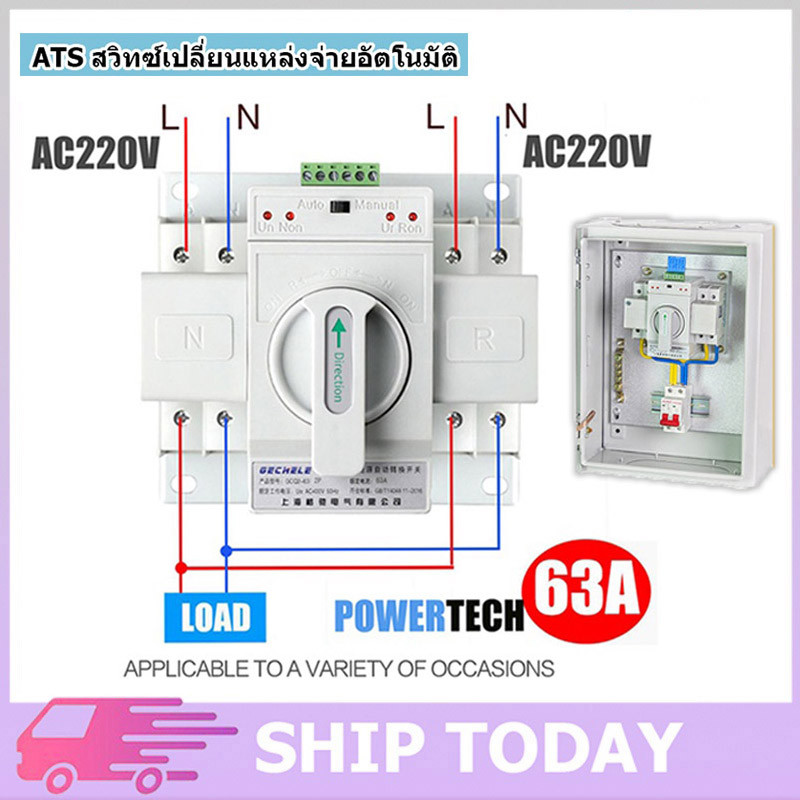 ATS Automatic Transfer Switch สวิตซ์สลับไฟ สลับไฟ แหล่งจ่าย อัตโนมัติ 2P 63A 230V MCB Type Dual Power GCDQCN GCQ4