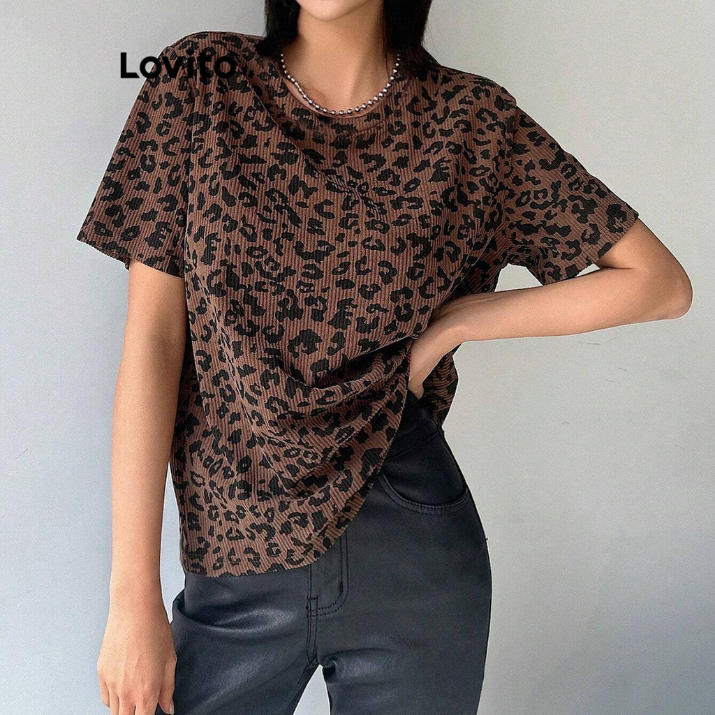 Lovito เสื้อยืดเย็บผ้าเสือดาวลำลองสำหรับผู้หญิง LBL16297