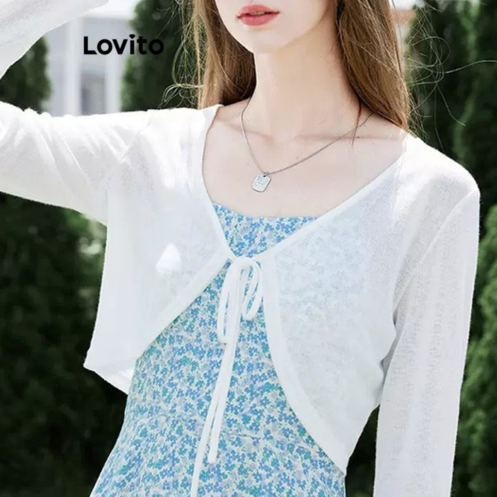 Lovito เสื้อคาร์ดิแกนลูกไม้ธรรมดาสำหรับผู้หญิง LNE77246