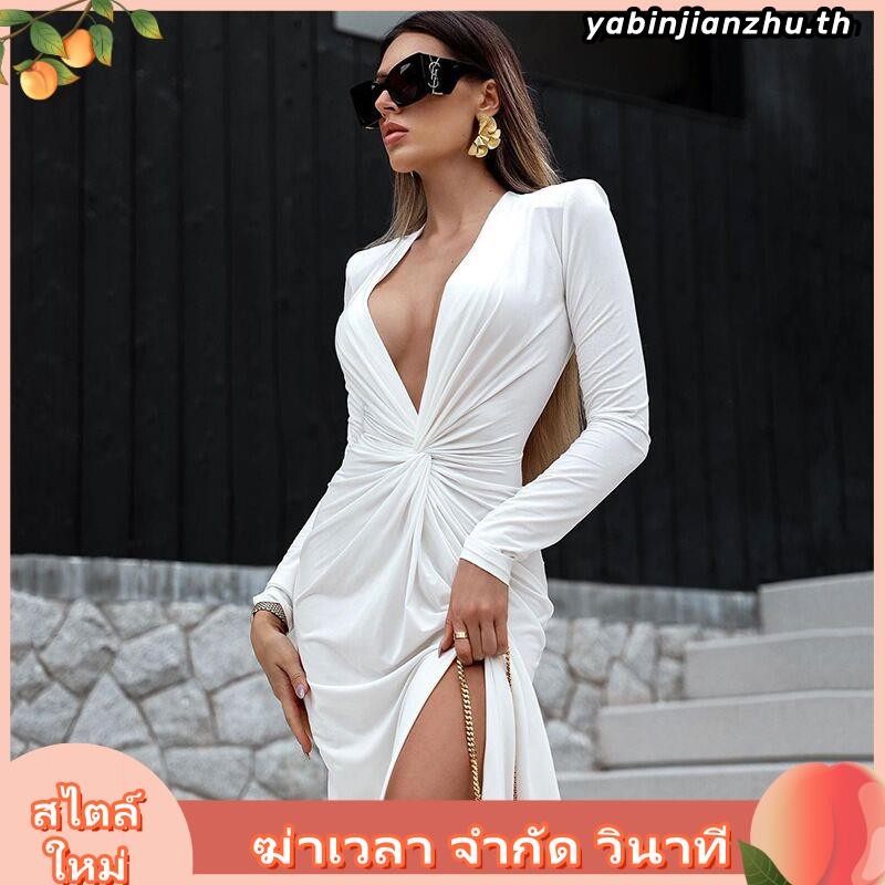 Mymiss1- ชุดเดรสยาว คอวีลึก แขนยาว รัดรูป สําหรับผู้หญิง