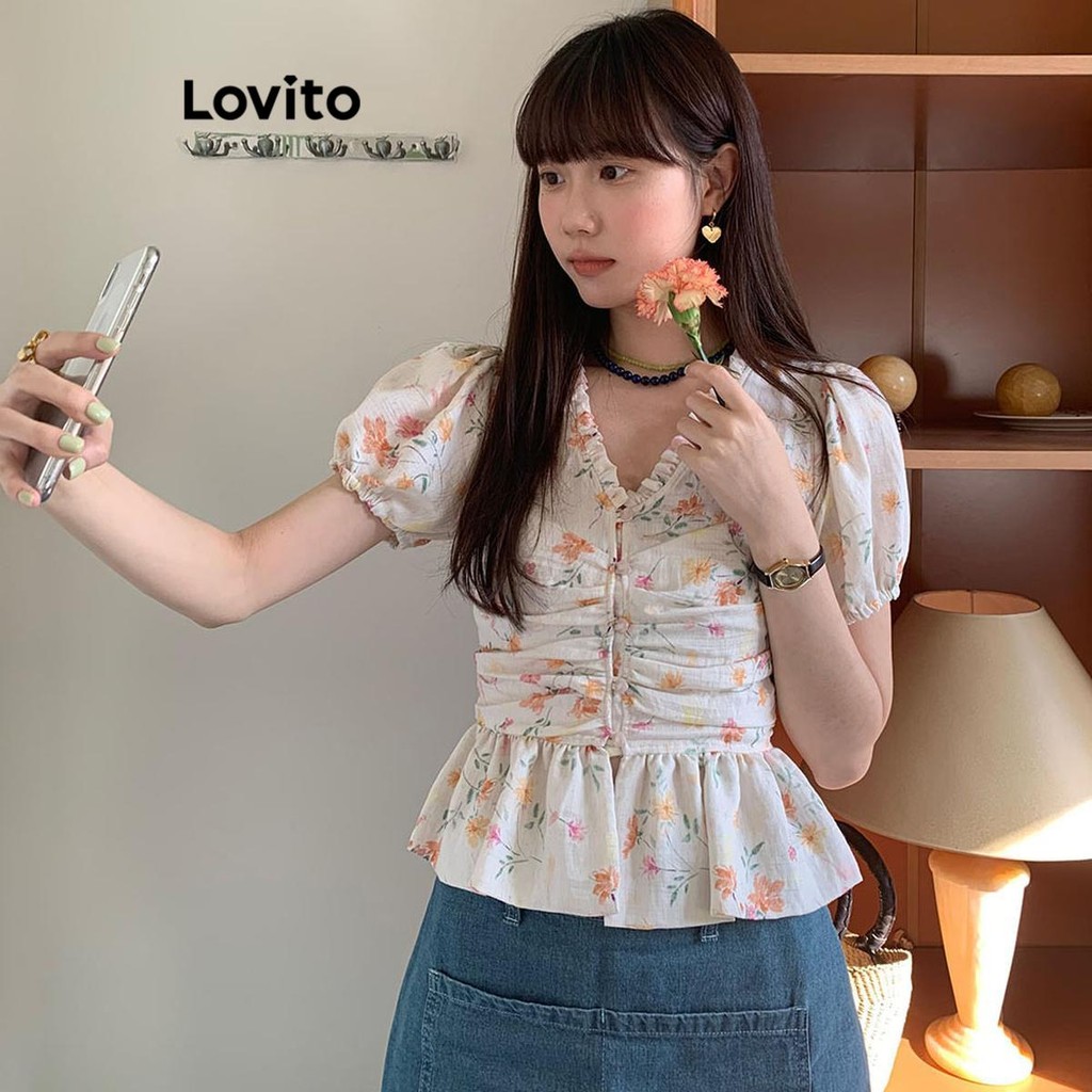 Lovito เสื้อเบลาส์ลายดอกไม้ ดิทซี่ ลำลองสำหรับผู้หญิง LNM72175