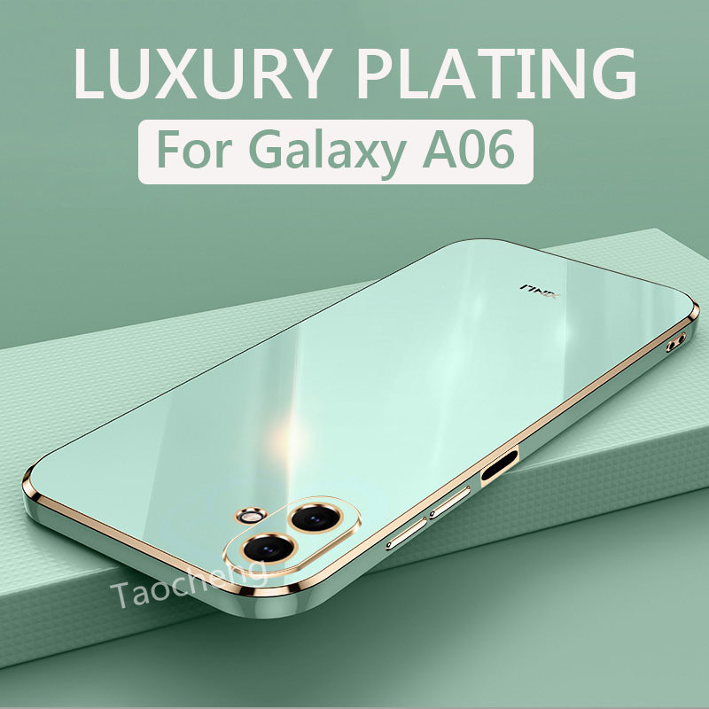 เคสโทรศัพท์ชุบสี่เหลี่ยมสําหรับ Samsung Galaxy A06 A 06 SamsungA06 4G 5G 2024 กล้องเลนส์ป้องกันแฟชั่นสีทึบคู่ปลอกกันกระแทกฝาหลัง