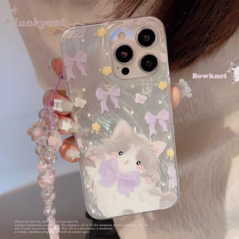 Iphone 15 14 13 12 11 Pro Max X Xr Xs Max 7 8 Plus SE2020 เคสโทรศัพท์ Ins โบว์สีม่วงสด Blushing Cat Park Soft + Lanyard ฝาครอบโทรศัพท์