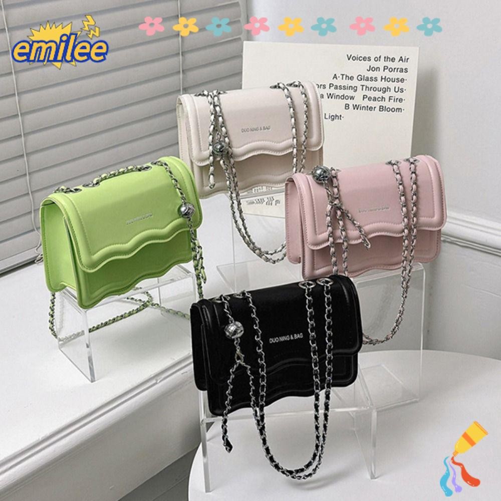 Emilee กระเป๋าสะพายสีทึบ, กระเป๋าโซ่ลำลองทันสมัย, กระเป๋าสี่เหลี่ยมเล็กหยักเรียบง่าย