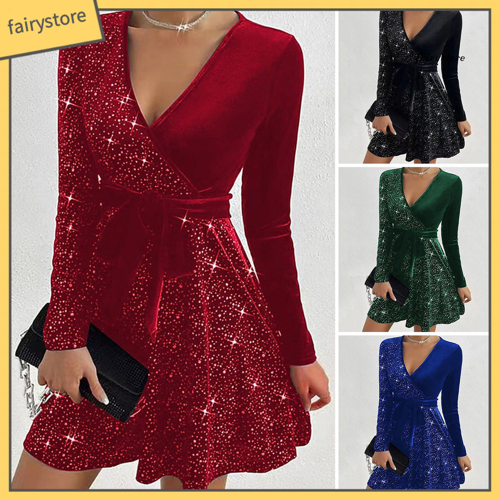 [FYS] ฤดูใบไม้ร่วงฤดูใบไม้ผลิผู้หญิงชุด V คอ Lace-up แน่นเอวเลื่อมตกแต่ง A-line Big Hem แขนยาวพรหมปาร์ตี้มินิเดรส