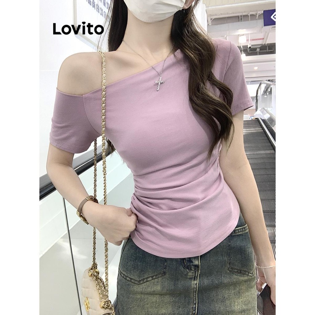 Lovito เสื้อยืดผู้หญิง เปิดไหล่ สีพื้น สไตล์ลำลอง LNE67068