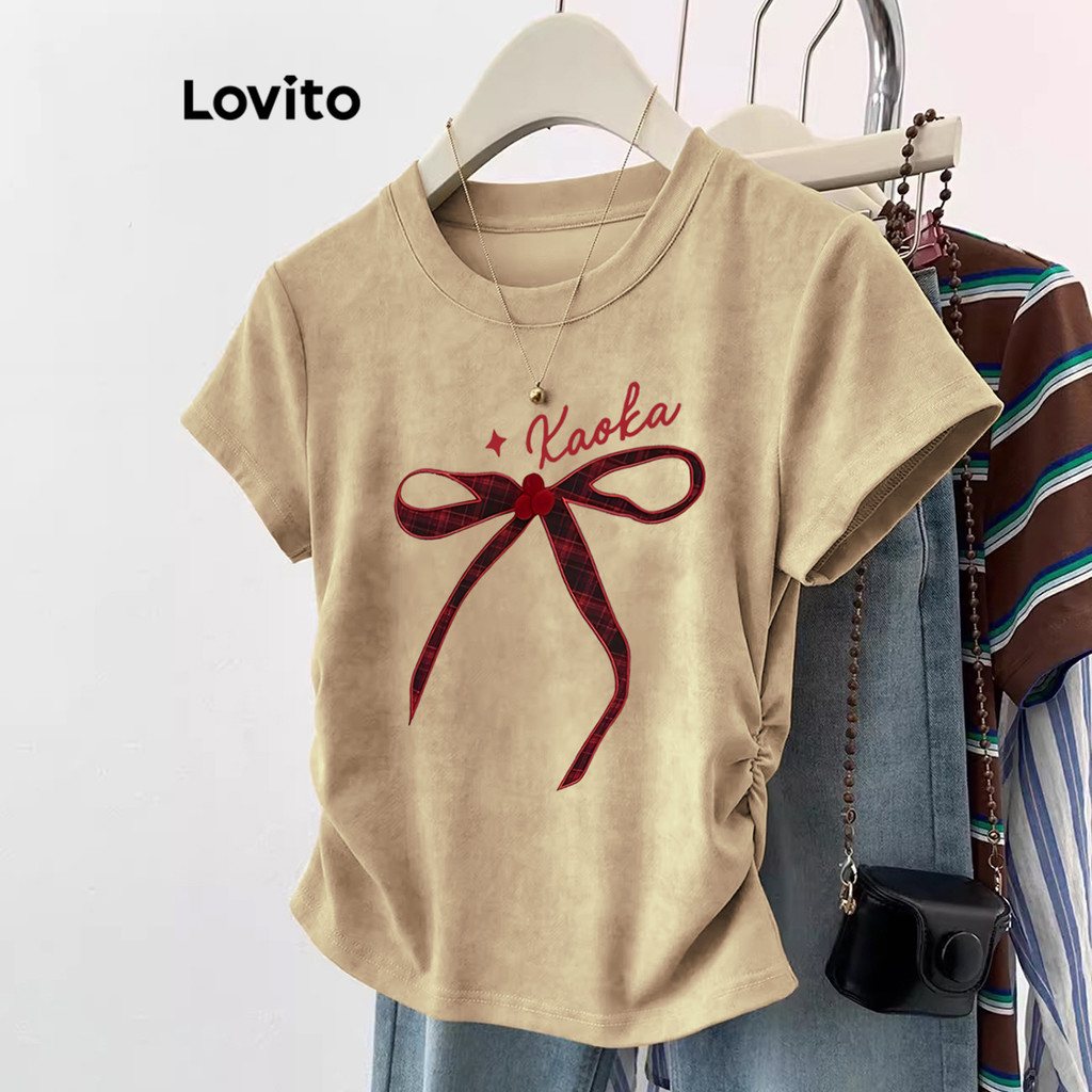 Lovito เสื้อยืดผู้หญิง แต่งโบว์ จีบย่น สีพื้น สไตล์ลำลอง LNE67175
