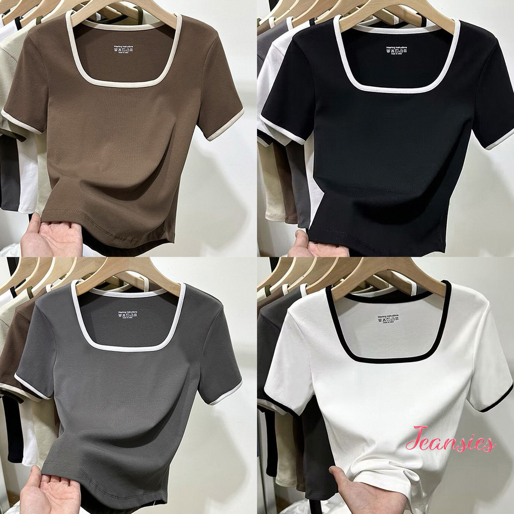 เสื้อยืดหญิงแขนสั้น ฤดูร้อน สไตล์คอเหลี่ยม ตัดสีใหม่ล่าสุด