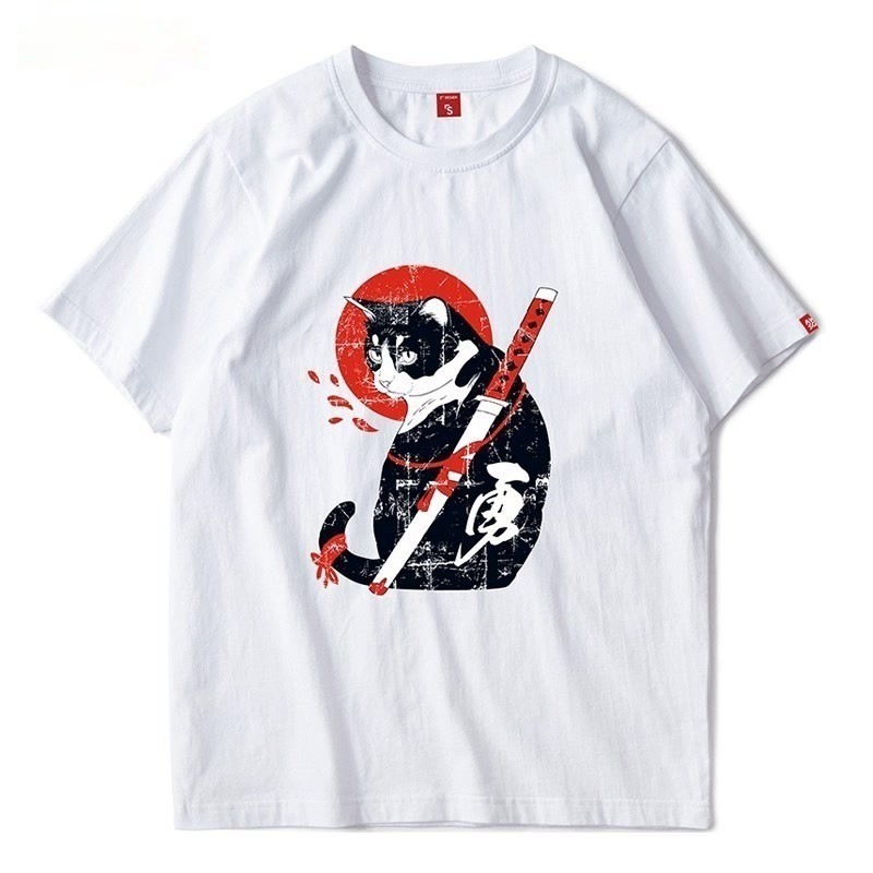 👍💥 [พร้อมส่ง] good Caspa เสื้อยืดสกรีน ลายสกรีน แมว ( ซามูไร ) เสื้อคอกลมแขนสั้นผ้าฝ้าย