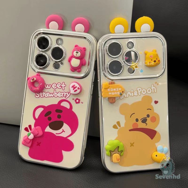 น่ารักการ์ตูนหมีน้ำผึ้งหวานกรณีหูฟัง 3D สำหรับ iPhone 11 16 15 14 13 12 Pro Xr Xs Max 7 8 6 Plus หรูหราโลหะชุบหน้าต่างความคมชัดช็อกหน้าต่างสัมผัสนุ่มป้องกันปก