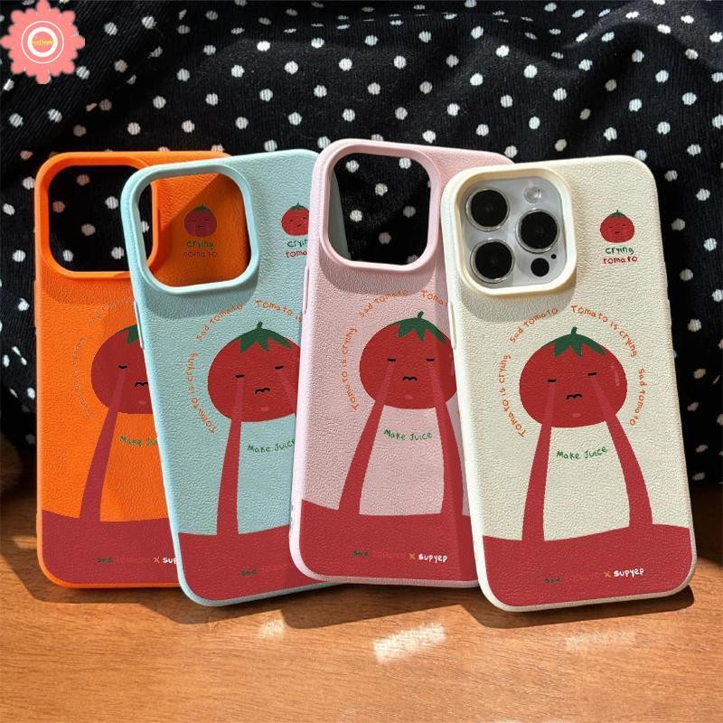 Art Doodle การ์ตูนตลก Macaron สีน่ารักมะเขือเทศน้อยสําหรับ IPhone 11 15 16 13 14 12 Pro Max XR XS X Max 14 15 16 Plus หนังหรูหราผิวรู้สึกนุ่มกรณี
