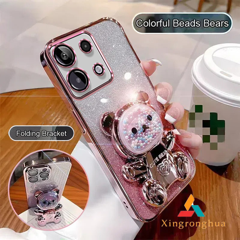 ปลอก Redmi Note 13 5G Note13 Pro Note 12 P13 Pro Plus 5Gเคสโทรศัพท์TPU 3Dที่มีสีสันลูกปัดหมีขาตั้งสเตอริโอซิลิโคนยืดหยุ่นหรูหราElectroplated soft case