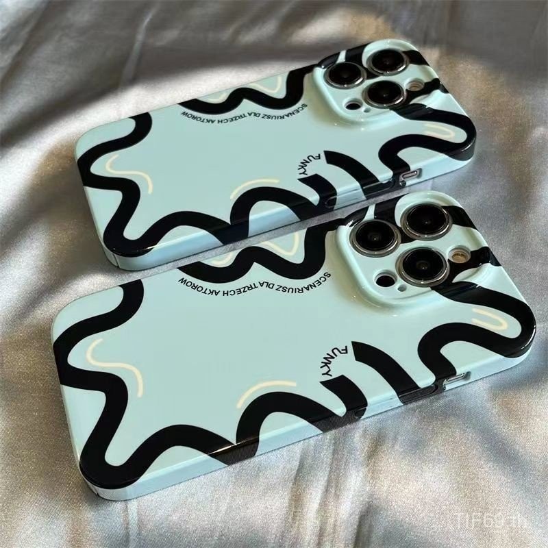 เคสโทรศัพท์มือถือแบบเกาหลีลายสีดำพื้นสีน้ำเงินสำหรับ iPhone 16 13 12 14 15 11 Pro xsmax 8PLUS XR XR 