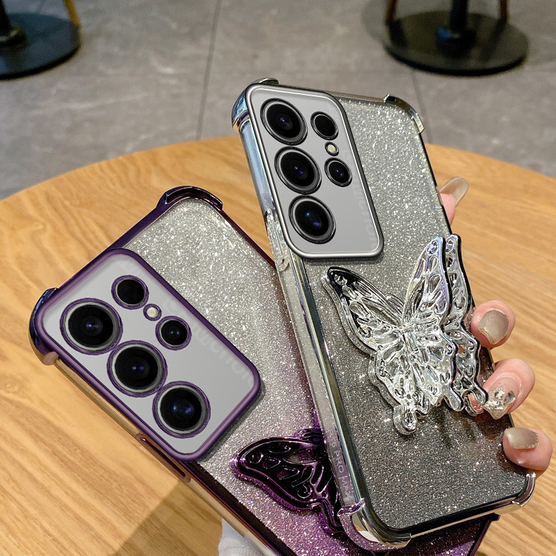 ปลอกสําหรับ Samsung Galaxy S23 S24 S25 Plus S23 S24 S25 Ultra S23 S24 FE S23 + S24 + S25 + หรูหราสี่มุม Anti Drop Butterfly Stand Bracket Glitter Powder ฝาครอบป้องกัน