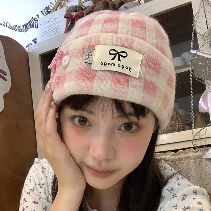 Bowknot ลายสก๊อตหมวกทําด้วยผ้าขนสัตว์หญิงฤดูใบไม้ร่วงฤดูหนาวน่ารัก Warm All-Match หมวกถักเส้นรอบวงหัวใหญ่