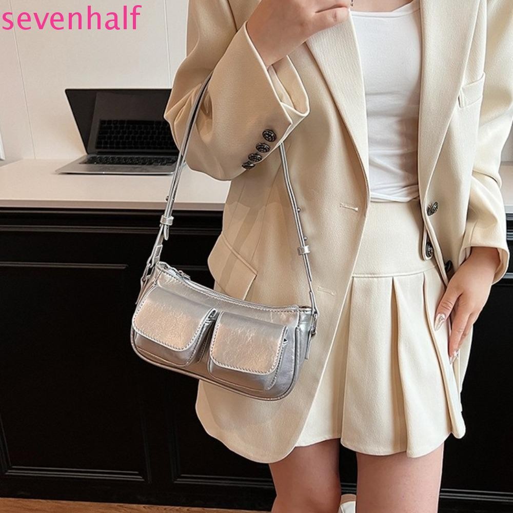 Sevenhalf กระเป๋าหนัง PU ใต้วงแขน, Y2K สายคล้องไหล่ปรับได้กระเป๋าสะพายกระเป๋า, Retro สีทึบซิปสไตล์เกาหลีผู้หญิงกระเป๋าถือกลางแจ้ง