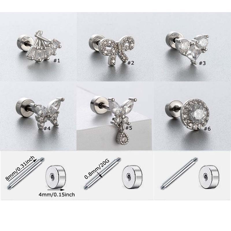 1 ชิ้นสีเงินต่างหูกระดูกอ่อนสตั๊ด Helix Lobe เจาะ 20Gauge Bowknot หัวใจผีเสื้อทรงกลม