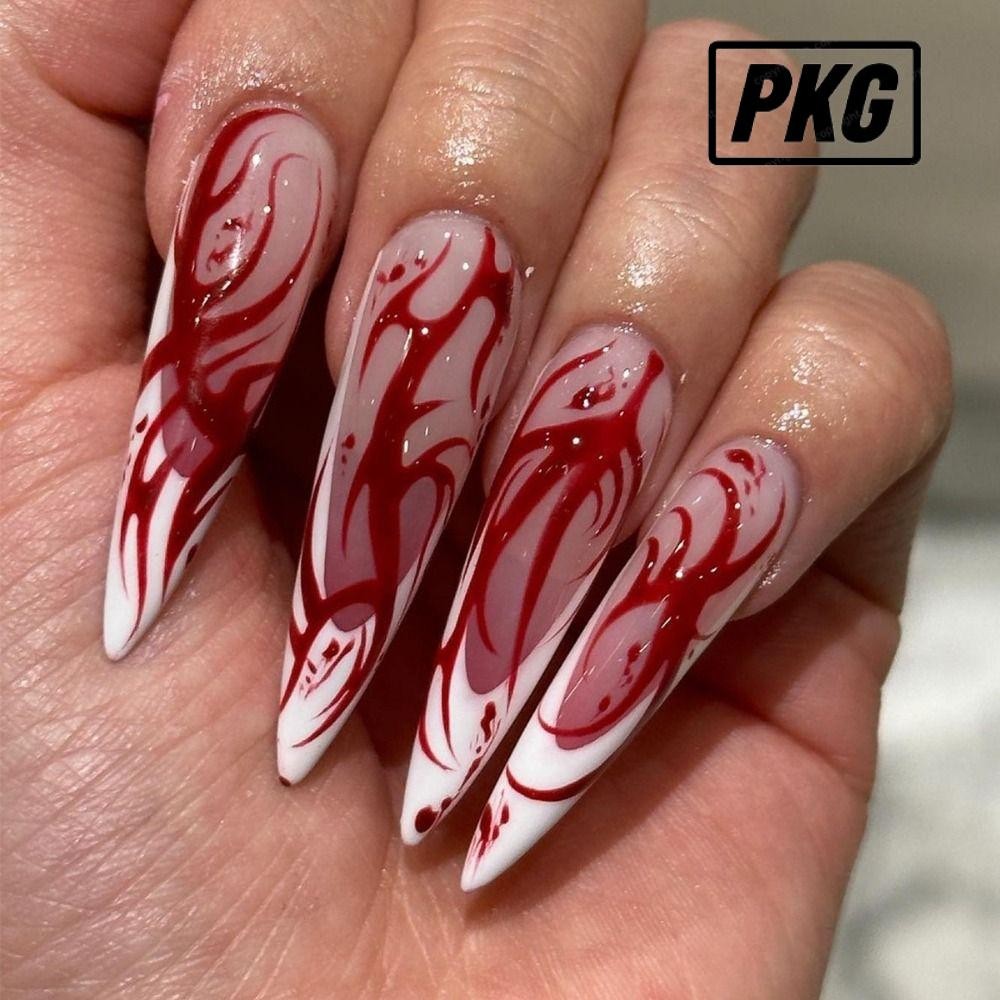 Repkg 24ชิ้นปลอมNials,ยาวอัลมอนด์เปลวไฟสีแดงเล็บปลอม,ทําเล็บมือที่ถอดออกได้Stilettoฮาโลวีนกระดูกเล็บฝรั่งเศสเคล็ดลับDIY