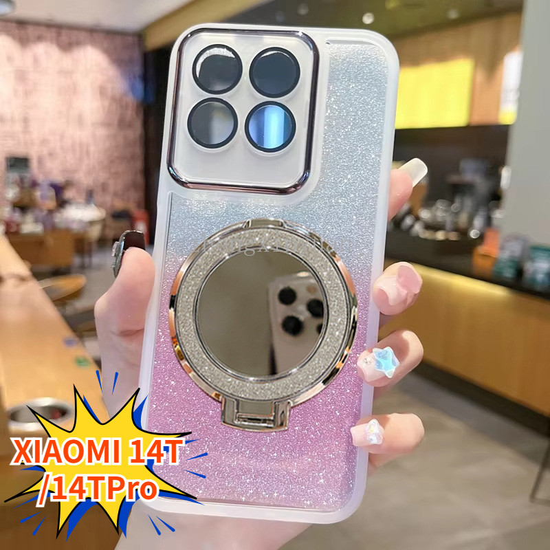 ปลอกสําหรับ Xiaomi 14T Pro 2024 5G โปร่งใสพร้อมกระจกผู้ถือแหวนสําหรับ 14TPro 14 T Xiaomi14TPro Soft Slim กลับกรณี