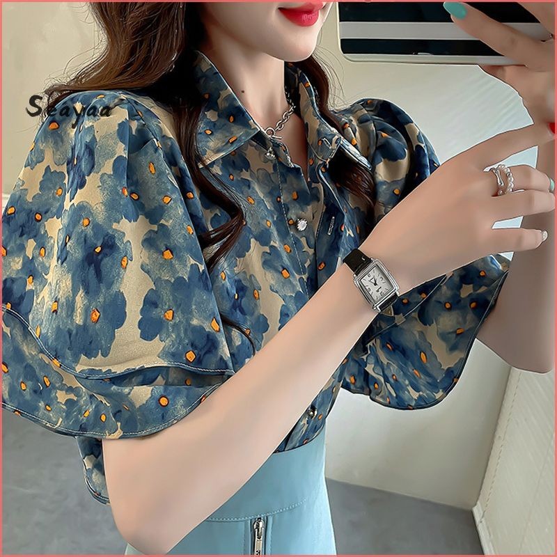หวานพิมพ์เสื้อผู้หญิงฤดูร้อน High-end แขนสั้น Ruffled ขอบเสื้อ SY